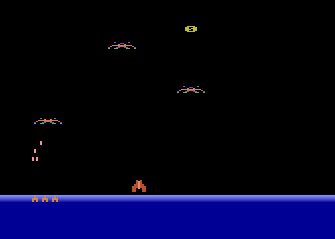 Demon Attack Atari 8-bit Screenshot: Game start; here come some demons!