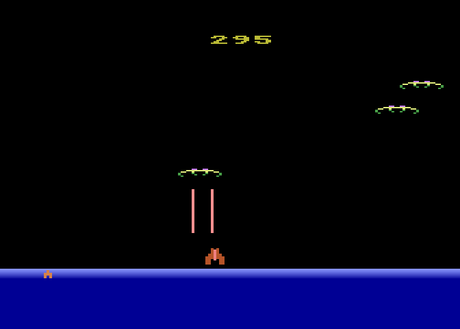 Demon Attack Atari 8-bit Screenshot: Under attack! Quick, run!