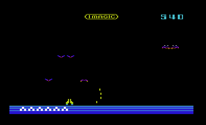 Demon Attack Commodore VIC-20 Screenshot: On some levels demons split into two smaller ones when you shoot them.