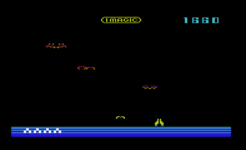 Demon Attack Commodore VIC-20 Screenshot: The solid yellow demon is trying to land...