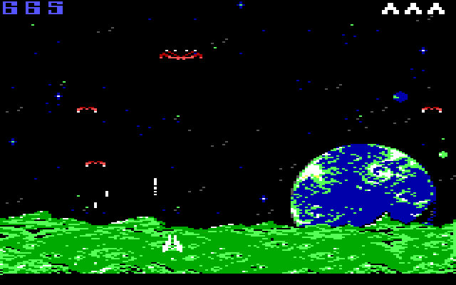 Demon Attack IBM PC/Compatibles Screenshot: On this level the demons split into two smaller ones when you shoot them.