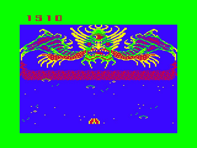 Demon Attack TRS-80 Color Computer Screenshot: Attempting again to destroy the mothership (alternate color palette).