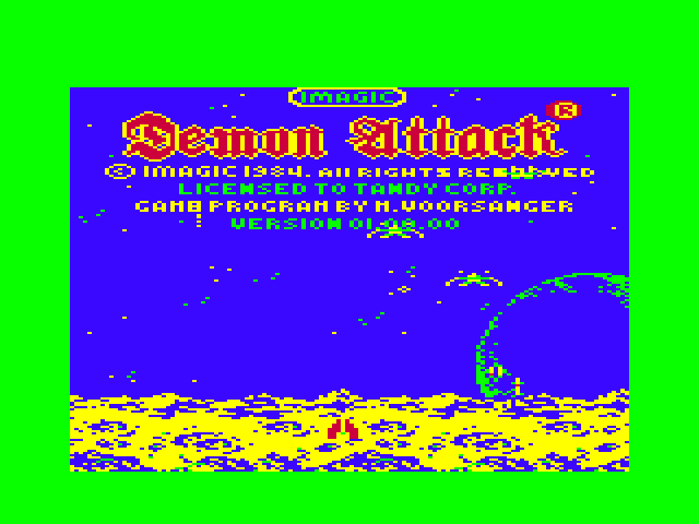 Demon Attack TRS-80 Color Computer Screenshot: Title screen (alternate color palette).