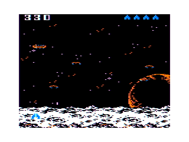 Demon Attack TRS-80 Color Computer Screenshot: Some demons split into two smaller ones when shot.