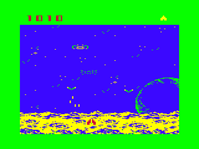Demon Attack TRS-80 Color Computer Screenshot: Some demons split into two when shot (alternate color palette).