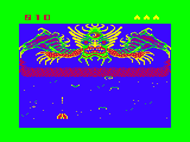Demon Attack TRS-80 Color Computer Screenshot: Attacking the demon mothership! (alternate color palette).