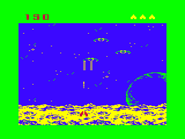 Demon Attack TRS-80 Color Computer Screenshot: There are several types of demons that appear... (alternate color palette).