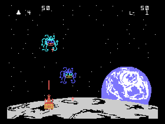 Demon Attack TI-99/4A Screenshot: Firing at a demon...