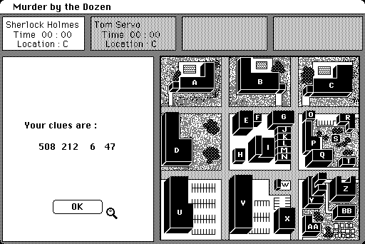 Mystery Master: Murder by the Dozen Macintosh Screenshot: Clues are encoded so you'll need to check your instruction manual...