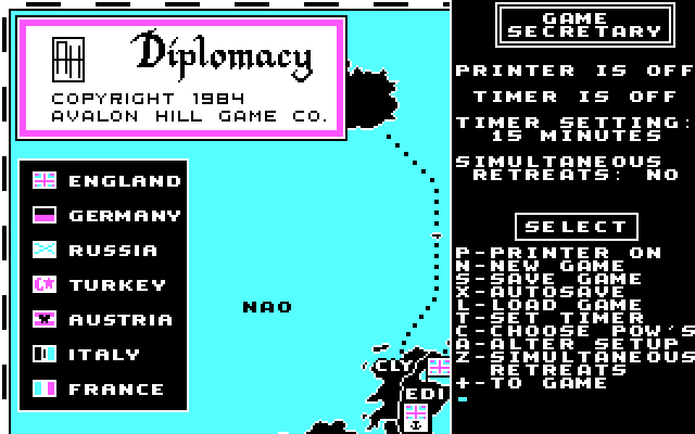 Computer Diplomacy IBM PC/Compatibles Screenshot: The main menu.