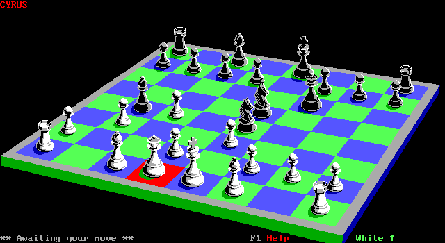 Cyrus IBM PC/Compatibles Screenshot: Player's turn; the red highlighted space indicates the piece currently selected...