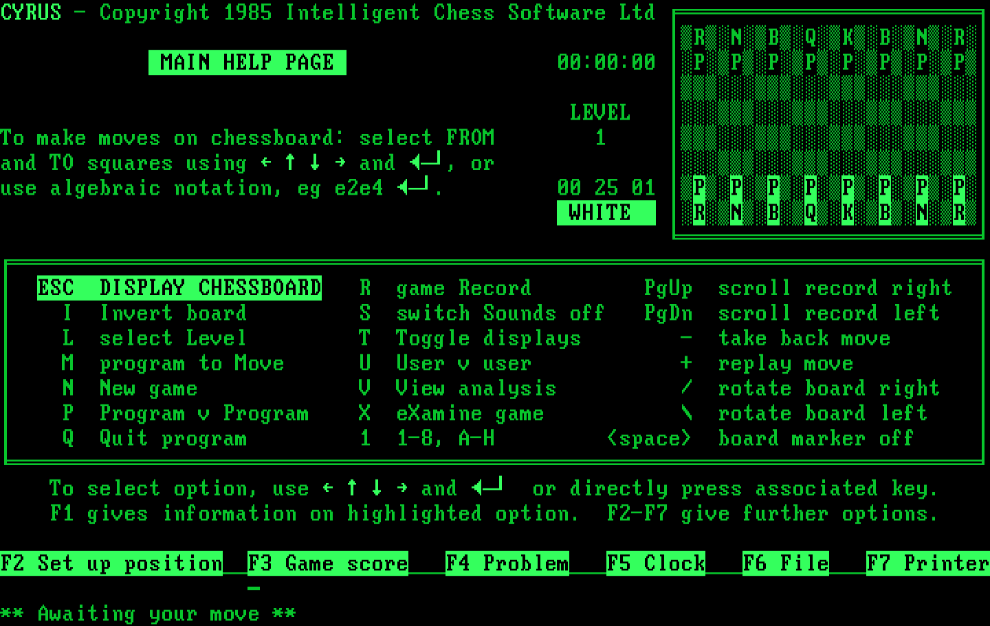 Cyrus IBM PC/Compatibles Screenshot: Help screen.