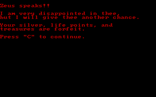 Cavequest IBM PC/Compatibles Screenshot: I died...Zeus speaks and gives me another chance!