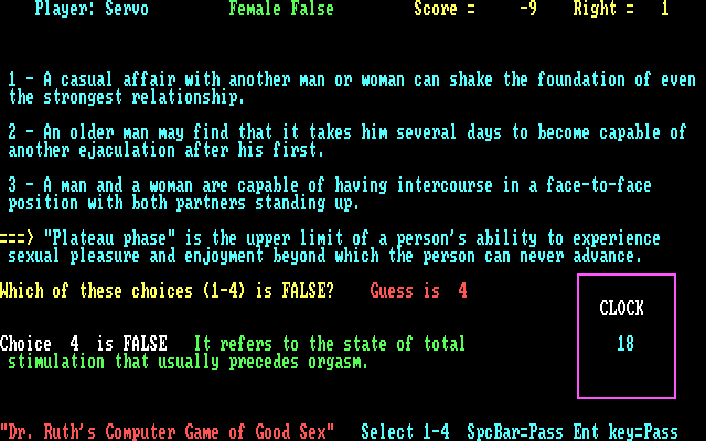 Dr. Ruth's Computer Game of Good Sex IBM PC/Compatibles Screenshot: Here's the correct answer...