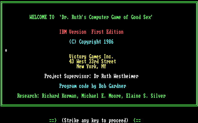 Dr. Ruth's Computer Game of Good Sex IBM PC/Compatibles Screenshot: Title screen.