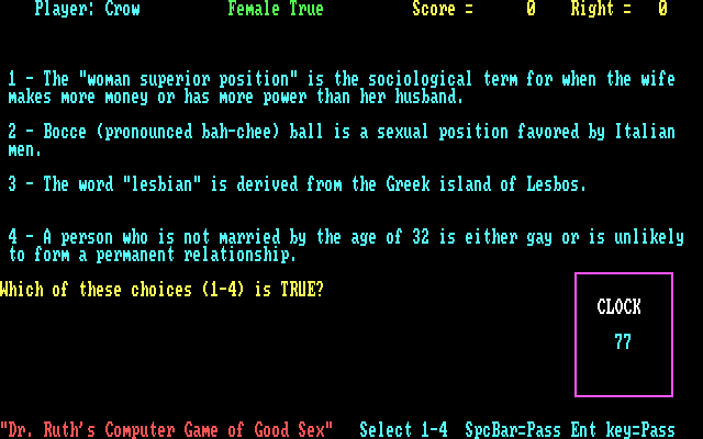 Dr. Ruth's Computer Game of Good Sex IBM PC/Compatibles Screenshot: Player two, which choice is true?