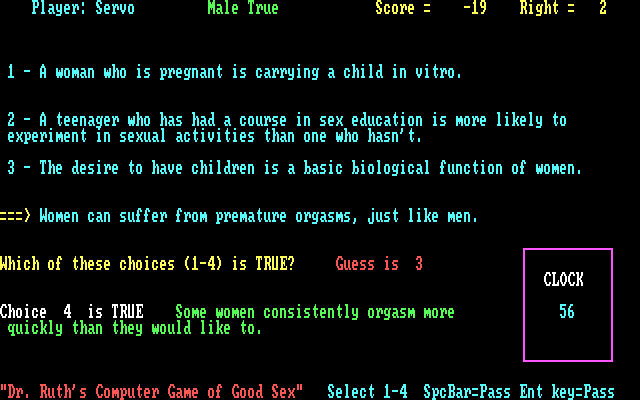 Dr. Ruth's Computer Game of Good Sex IBM PC/Compatibles Screenshot: Oops, a wrong guess...