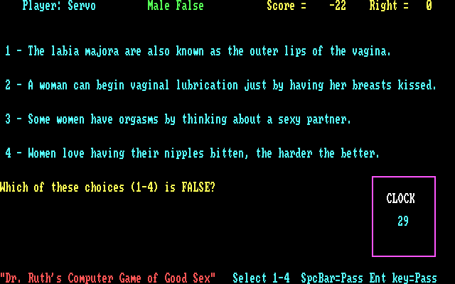 Dr. Ruth's Computer Game of Good Sex IBM PC/Compatibles Screenshot: Which of these statements is false?