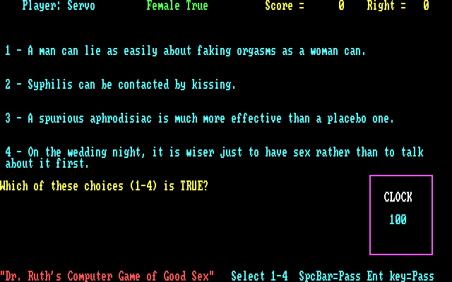 Dr. Ruth's Computer Game of Good Sex IBM PC/Compatibles Screenshot: Which of these statements is true...