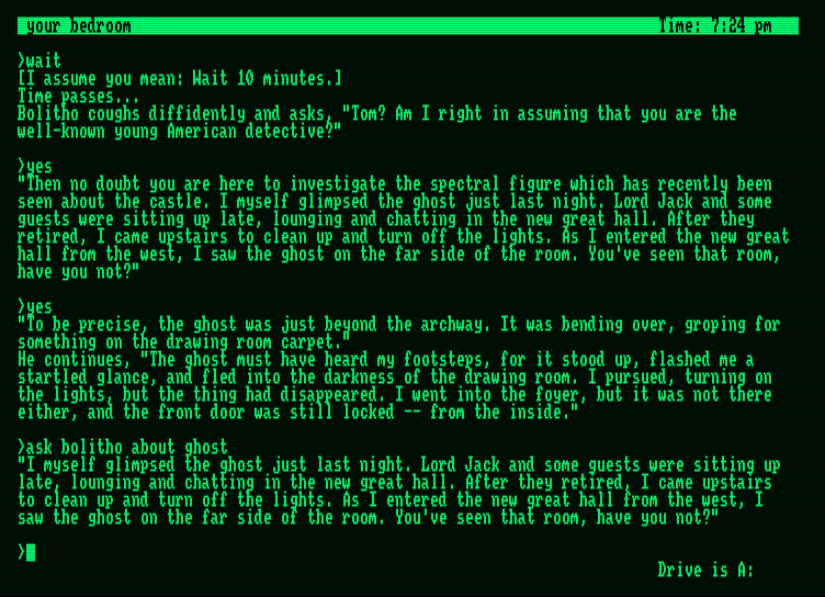 Moonmist Amstrad PCW Screenshot: Learning more about the alleged ghost...