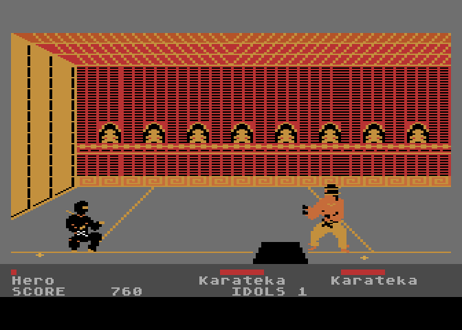 Ninja Atari 8-bit Screenshot: Pick up weapons you find on the ground.