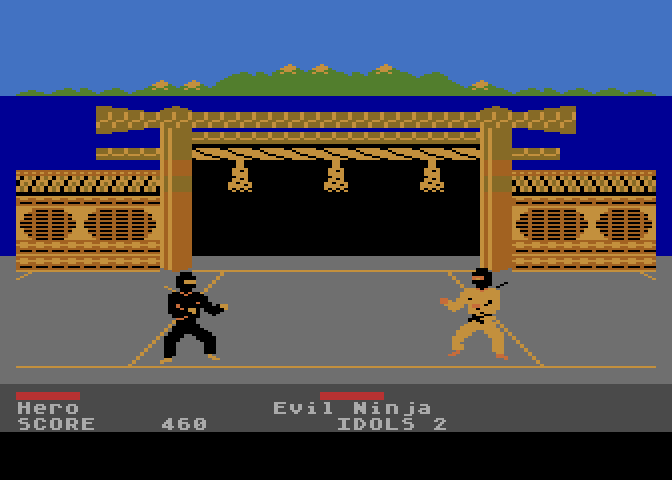 Ninja Atari 8-bit Screenshot: Collected two idols, more to go...