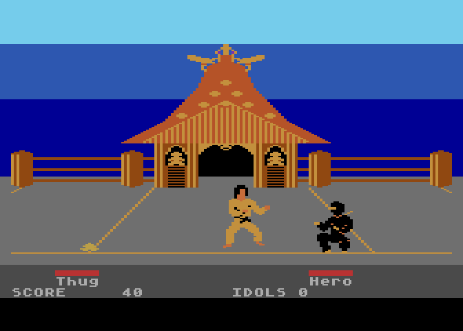 Ninja Atari 8-bit Screenshot: Found an idol, and it's being guarded!