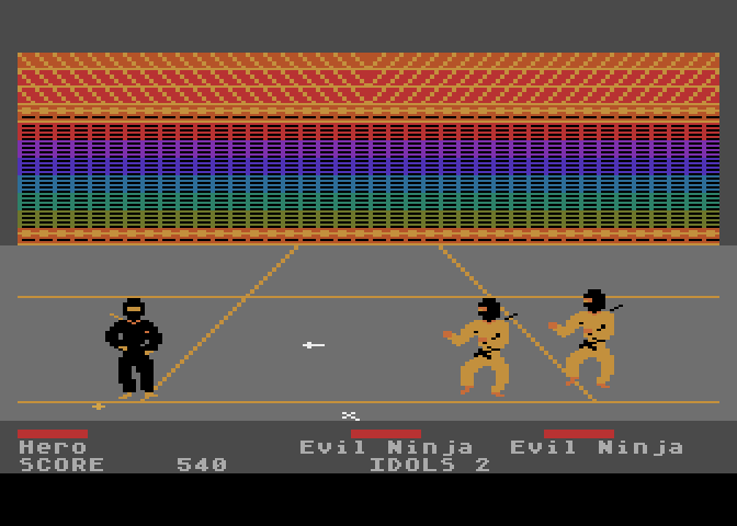 Ninja Atari 8-bit Screenshot: Throw weapons at enemies to attack from a safe distance...