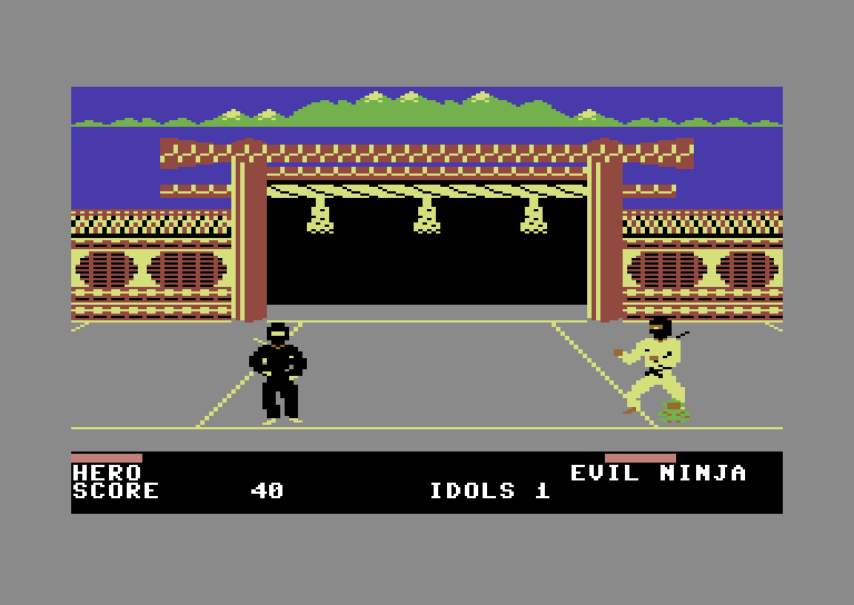 Ninja Commodore 64 Screenshot: Evil ninja guarding an idol.
