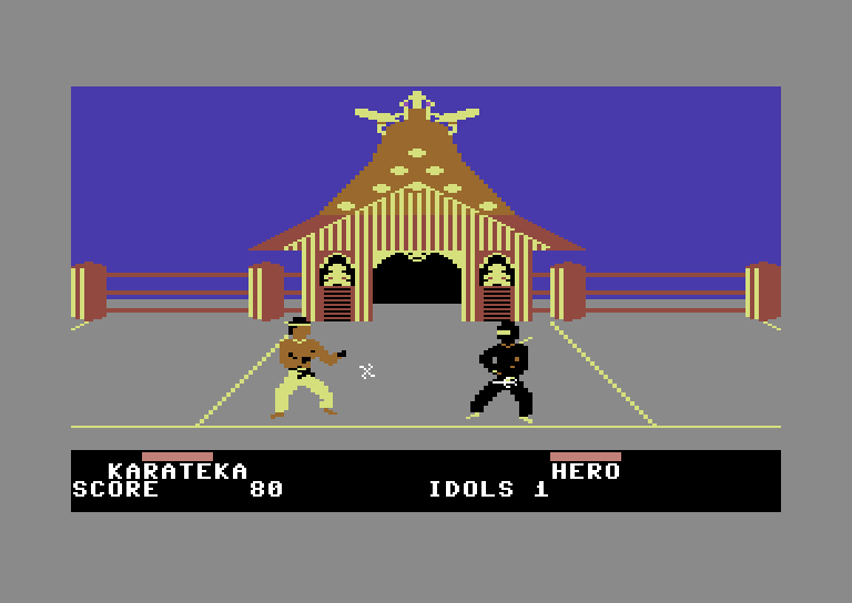 Ninja Commodore 64 Screenshot: Use weapons to fight enemy ninjas more easily.