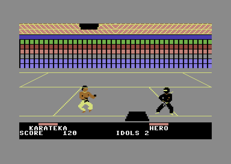 Ninja Commodore 64 Screenshot: Use the wholes in the floor and ceiling to jump between levels.