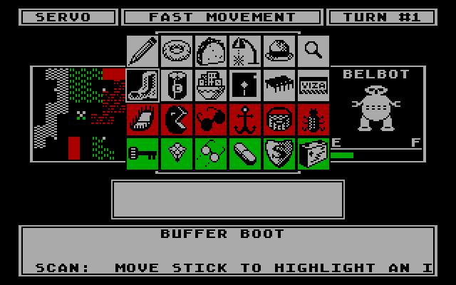 Robot Rascals IBM PC/Compatibles Screenshot: Choose an item to scan for.