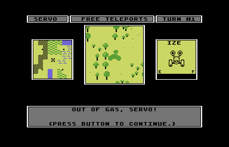 Robot Rascals Commodore 64 Screenshot: Next player is out of gas...