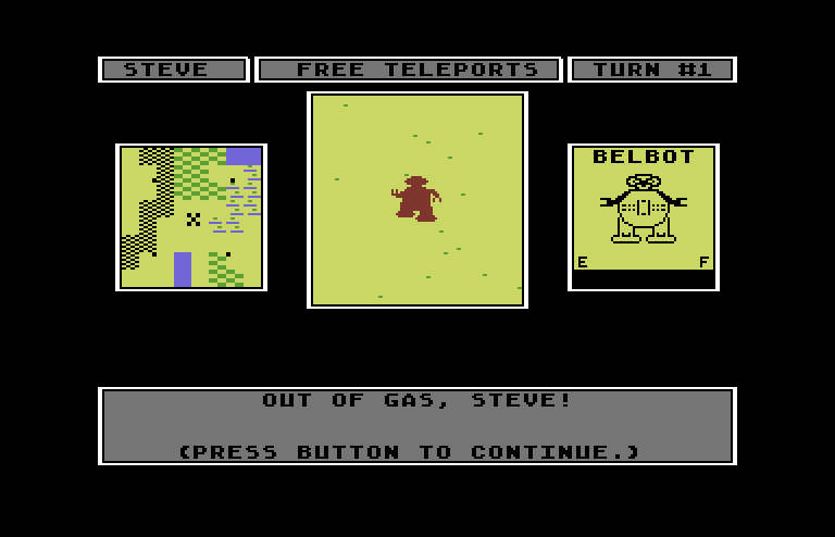 Robot Rascals Commodore 64 Screenshot: Out of gas!