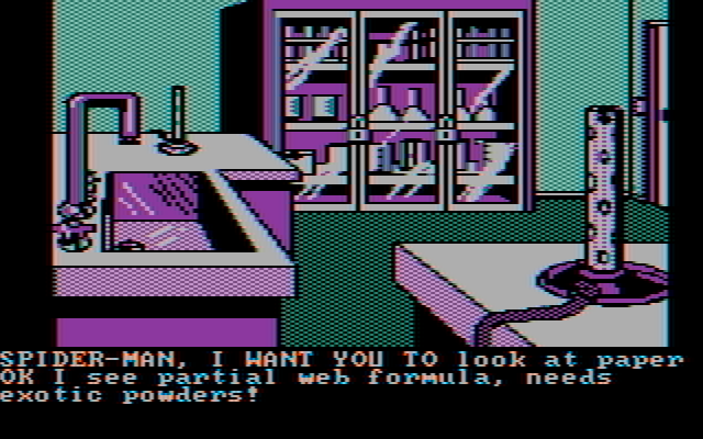 Questprobe featuring Spider-Man IBM PC/Compatibles Screenshot: Exploring a mysterious lab...