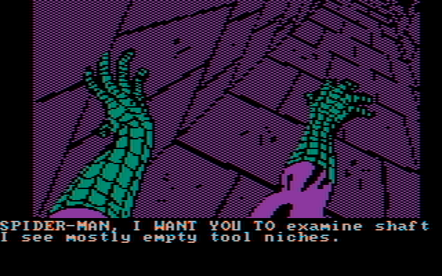 Questprobe featuring Spider-Man IBM PC/Compatibles Screenshot: Climbing in an elevator shaft.