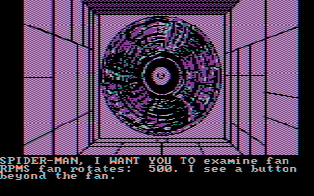 Questprobe featuring Spider-Man IBM PC/Compatibles Screenshot: There's always a giant rotating fan when you explore the ducts!