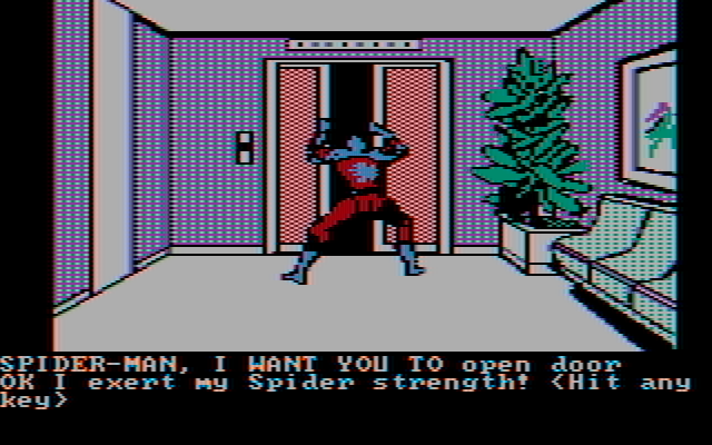Questprobe featuring Spider-Man IBM PC/Compatibles Screenshot: Use your spider strength to open the elevator doors.
