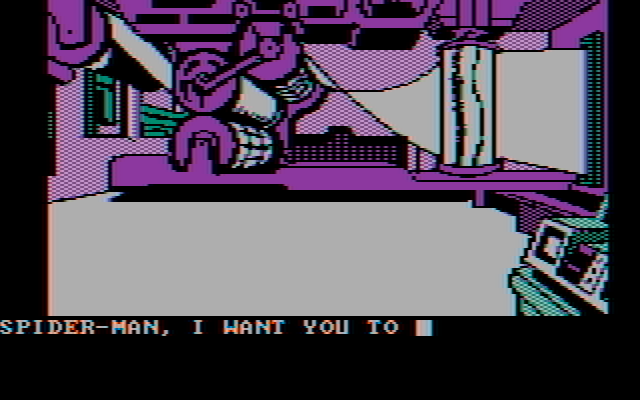 Questprobe featuring Spider-Man IBM PC/Compatibles Screenshot: In the printing press room.