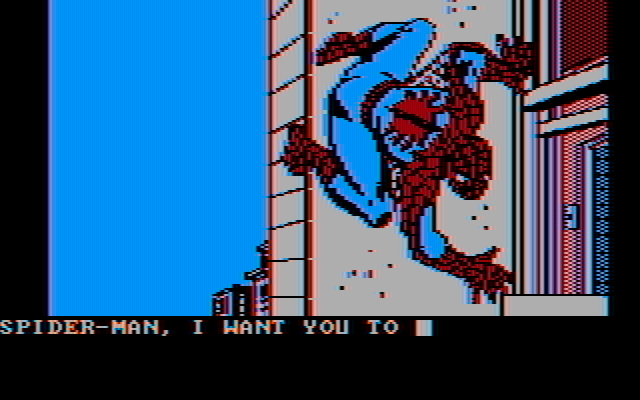 Questprobe featuring Spider-Man IBM PC/Compatibles Screenshot: Spider-Man clings to the outside of the building...