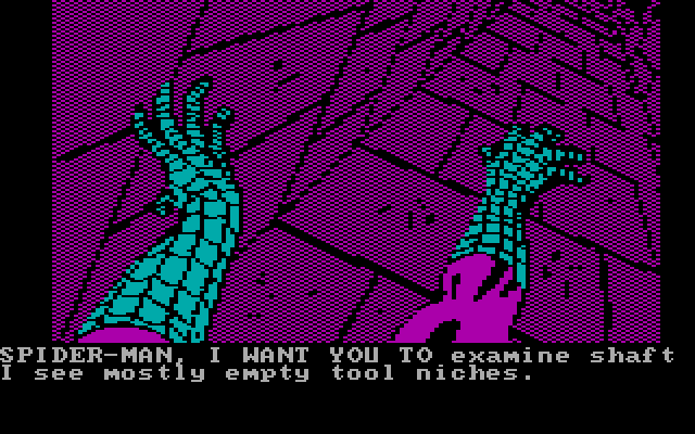 Questprobe featuring Spider-Man IBM PC/Compatibles Screenshot: Climbing up and down an elevator shaft.