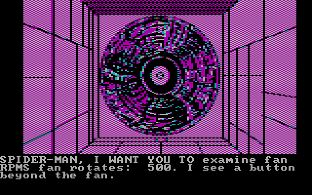 Questprobe featuring Spider-Man IBM PC/Compatibles Screenshot: There's always a large, spinning fan in the ducts....