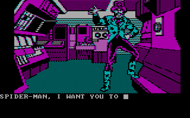 Questprobe featuring Spider-Man IBM PC/Compatibles Screenshot: What is The Ringmaster doing in this lab?