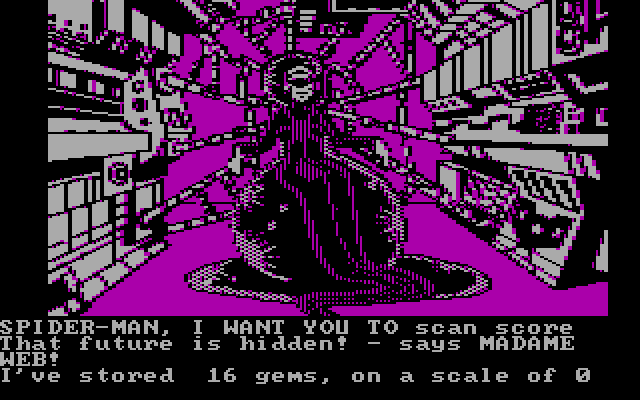 Questprobe featuring Spider-Man IBM PC/Compatibles Screenshot: Getting my score so far from Madame Web.