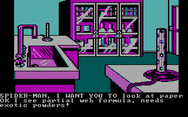 Questprobe featuring Spider-Man IBM PC/Compatibles Screenshot: Let's see if I can put together anything useful in this lab...