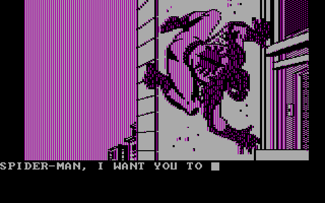 Questprobe featuring Spider-Man IBM PC/Compatibles Screenshot: Spider-Man clings to the outside of the building.