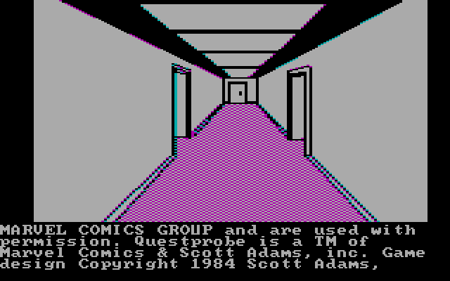 Questprobe featuring Spider-Man IBM PC/Compatibles Screenshot: The game begins in this hallway.