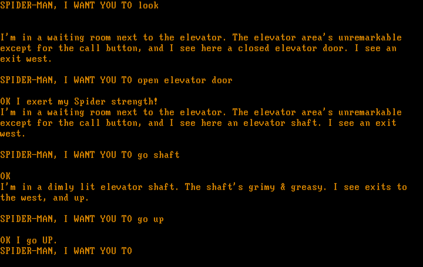 Questprobe featuring Spider-Man IBM PC/Compatibles Screenshot: Used my spider strength to open the elevator! Now, I'm in an elevator shaft.