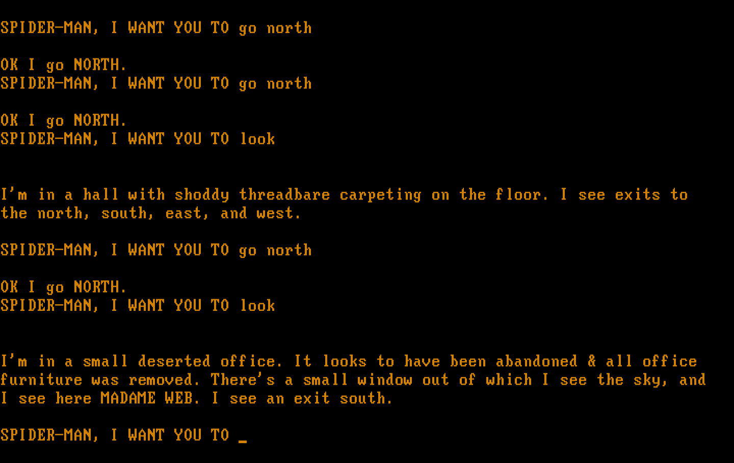 Questprobe featuring Spider-Man IBM PC/Compatibles Screenshot: Introducing Madame Web.