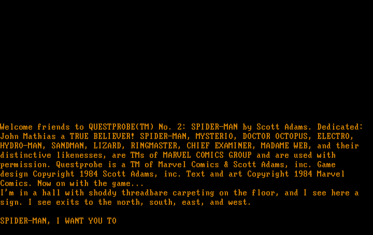 Questprobe featuring Spider-Man IBM PC/Compatibles Screenshot: The game begins here.
